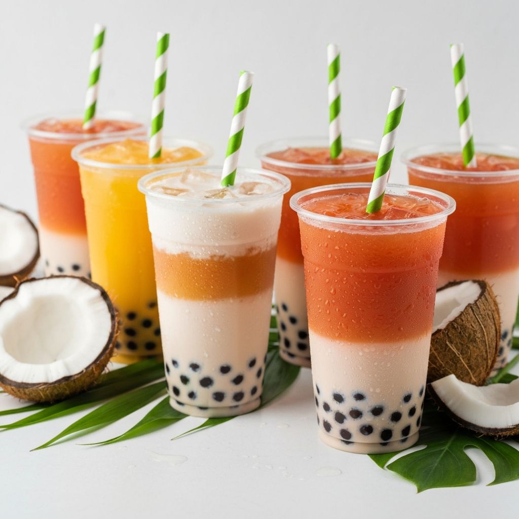 Coconut bubble tea with tapioca pearls in clear cups
