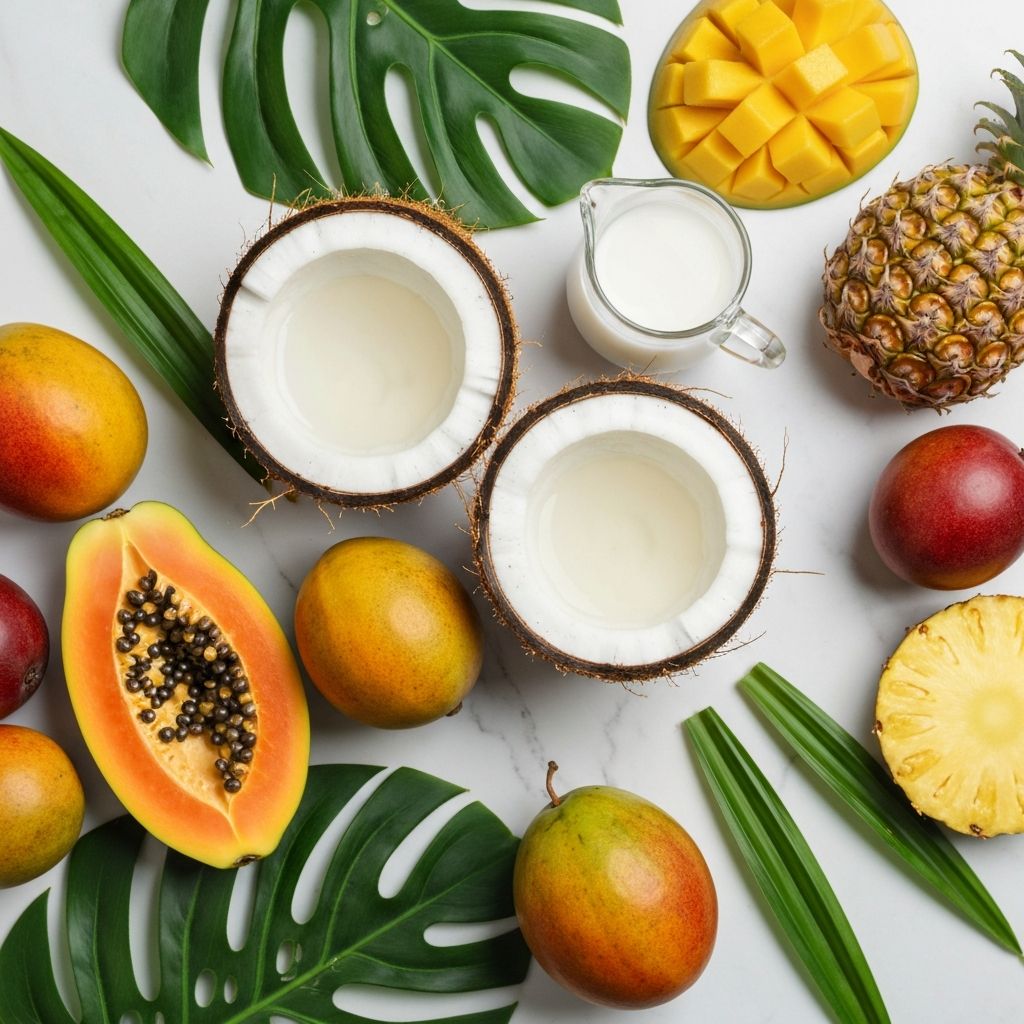 Fresh coconut halves, coconut milk and tropical ingredients used at Cocoart