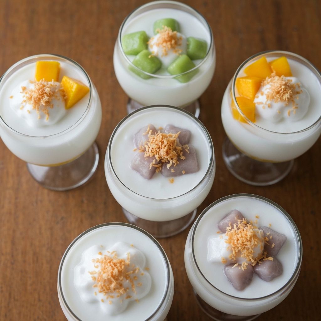 Coconut pudding desserts in glass cups with colourful toppings