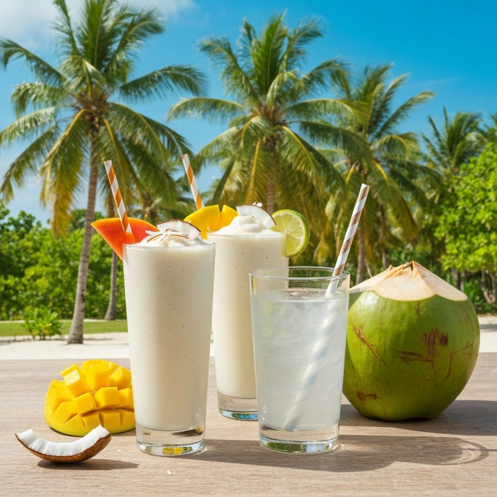 Creamy coconut milk smoothies in tall glasses with tropical garnish