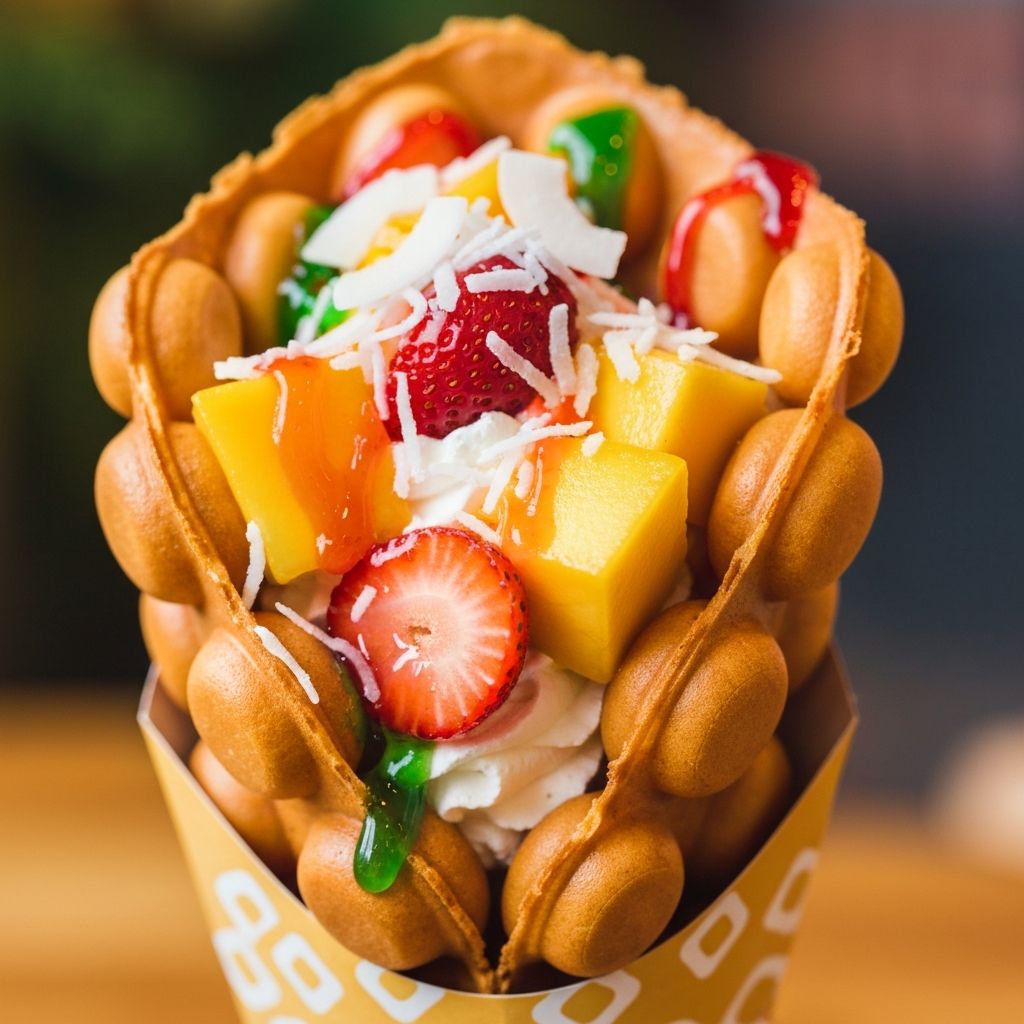 Hong Kong style bubble egg waffle cone with fresh fruit toppings